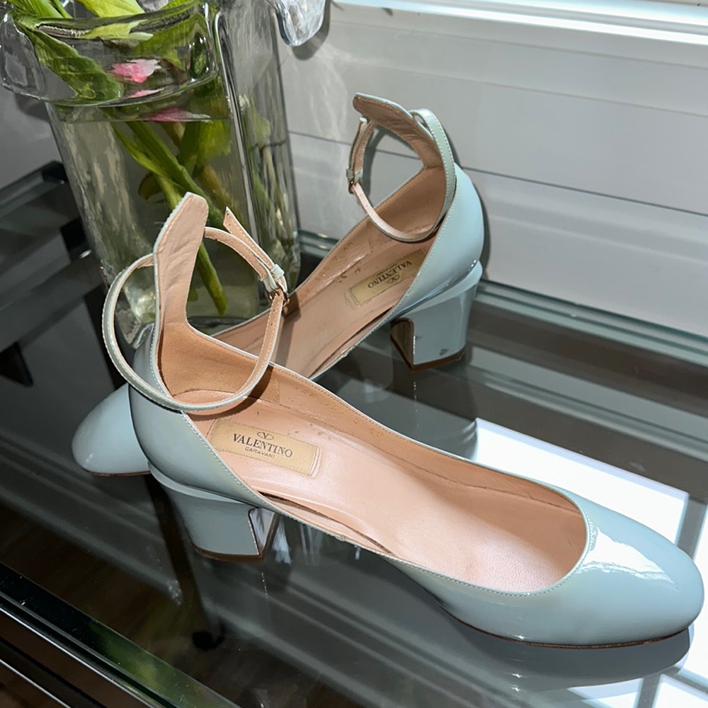 Valentino baby blue patent block heel with strap